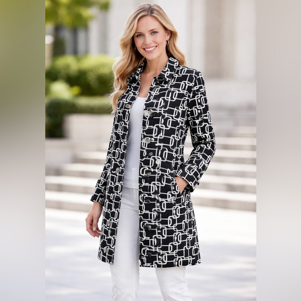 Mark Eisen Black White Chain Link Pattern Above Knee Length Collared Coat Size M
